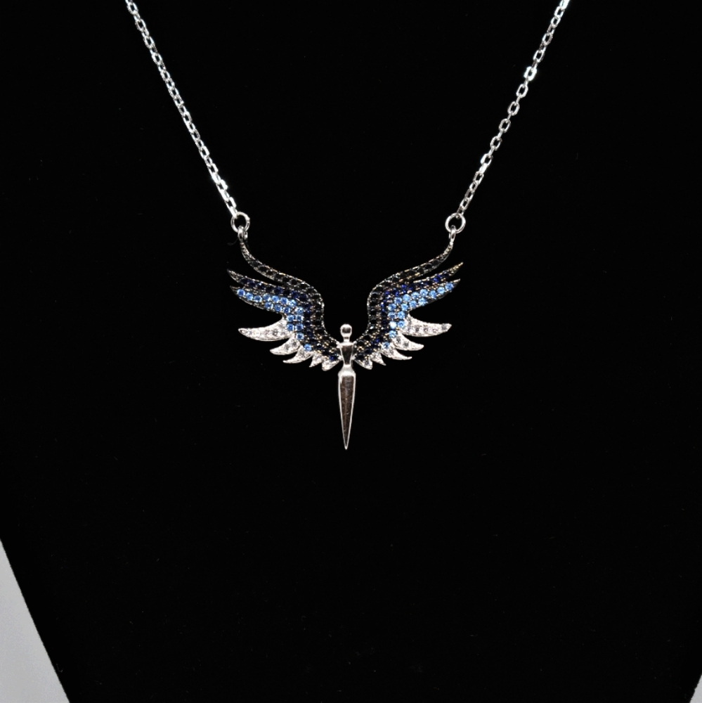 Sterling Silver Angel Necklace with Blue & Black